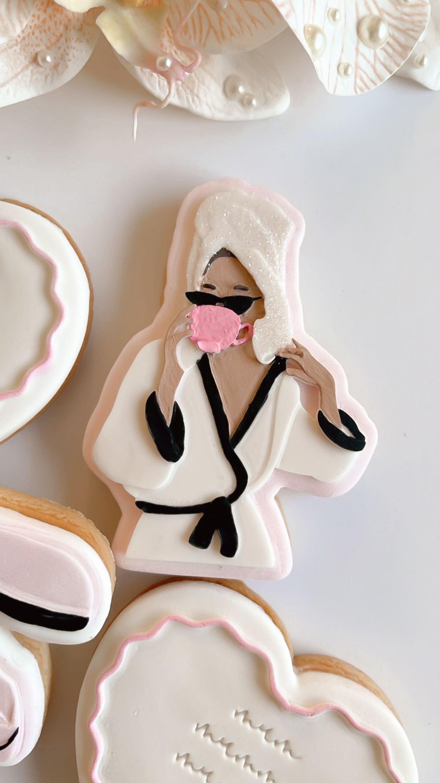 Mum (woman) in robe drinking coffee debosser and cutter