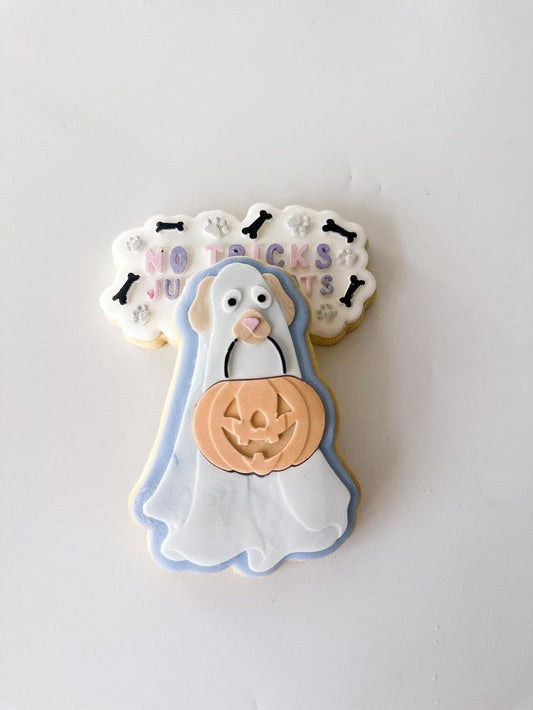 Ghost dog with pumpkin treat bag and outfit stamp and cutter