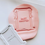 “BABY SHOWER” Draped material frame with bow on rectangle based stamp and cutter