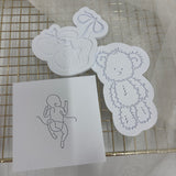 Odd Bunch- scruffy bear, striped booties tied & baby outline