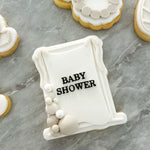 “BABY SHOWER” Draped material frame with bow on rectangle based stamp and cutter