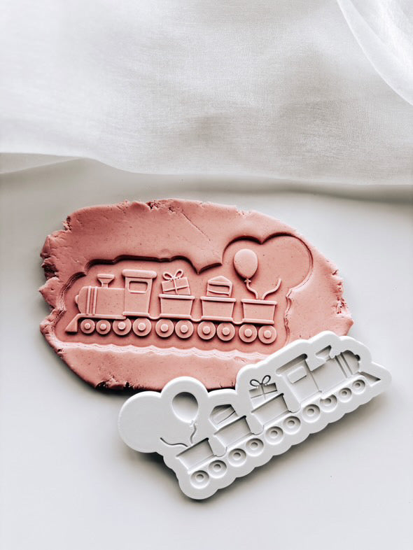 Cute party train with present & balloon details stamp and cutter