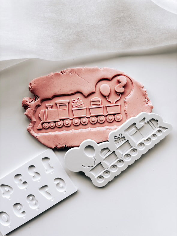 Cute party train with present & balloon details stamp and cutter