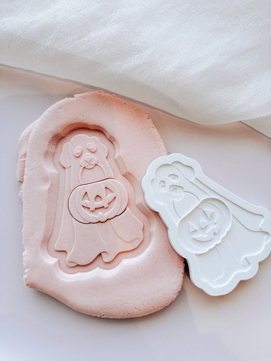 Ghost dog with pumpkin treat bag and outfit stamp and cutter