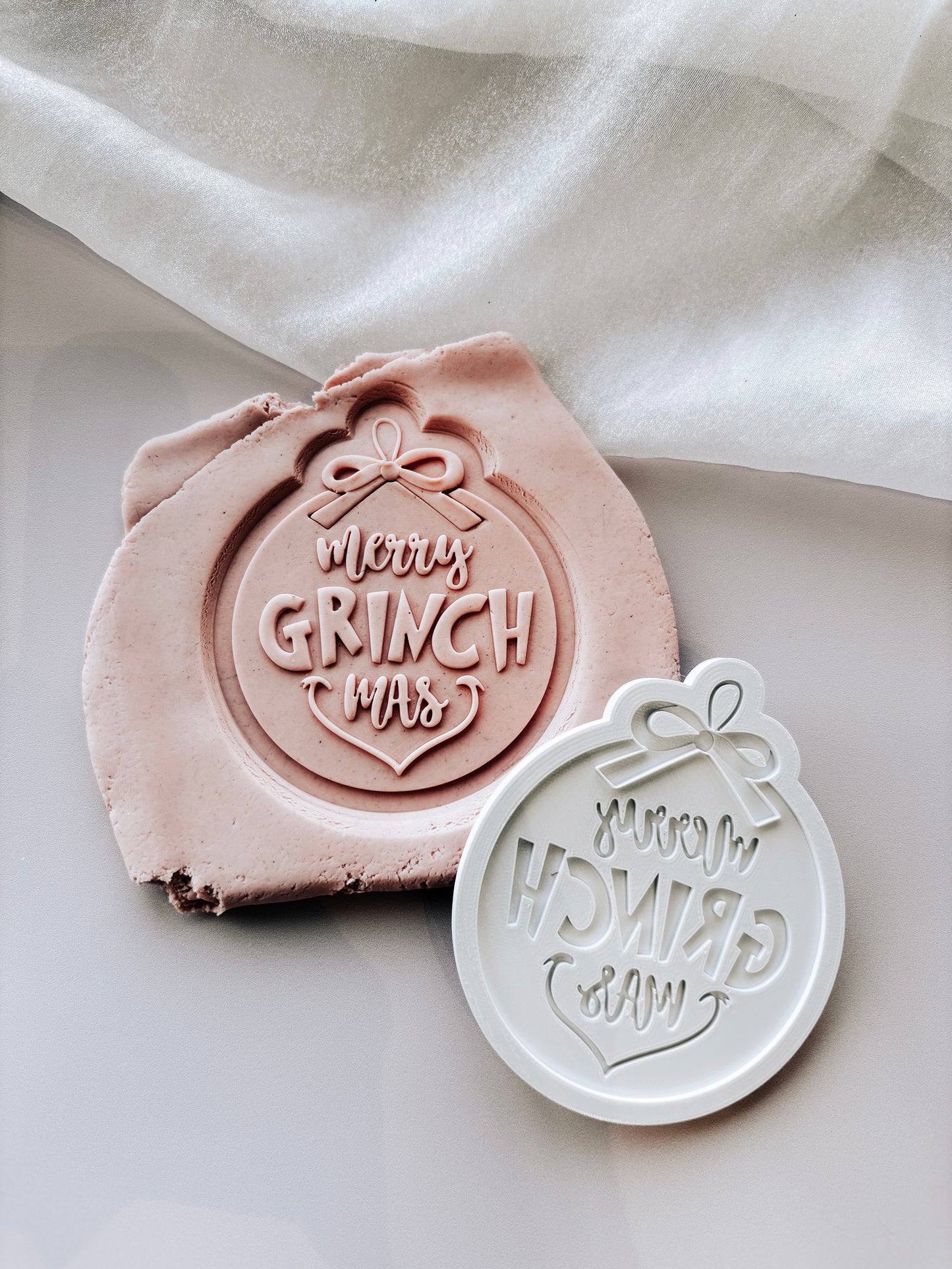 Merry Grinchmas Bauble with bow stamp and cutter