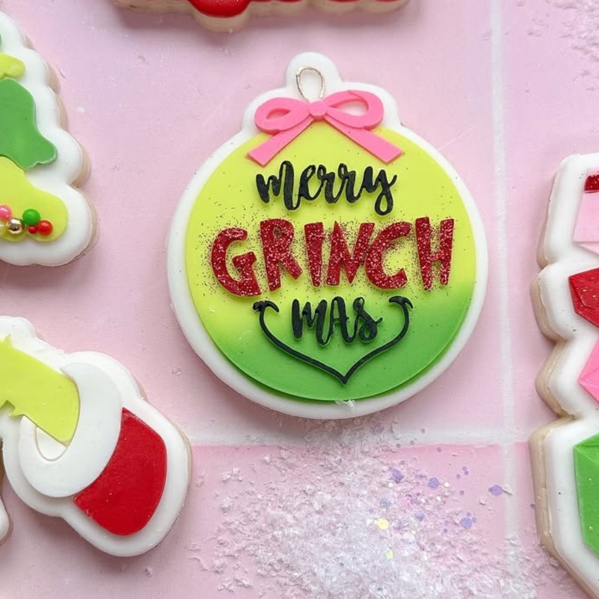 Merry Grinchmas Bauble with bow stamp and cutter