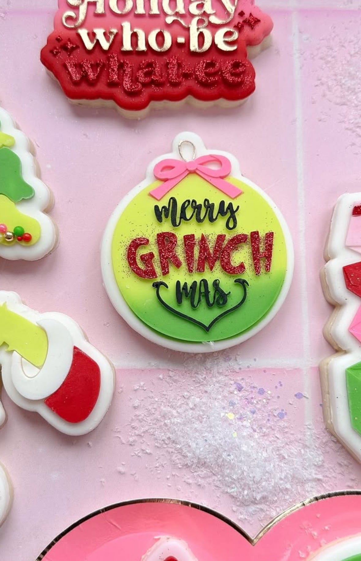 Merry Grinchmas Bauble with bow stamp and cutter