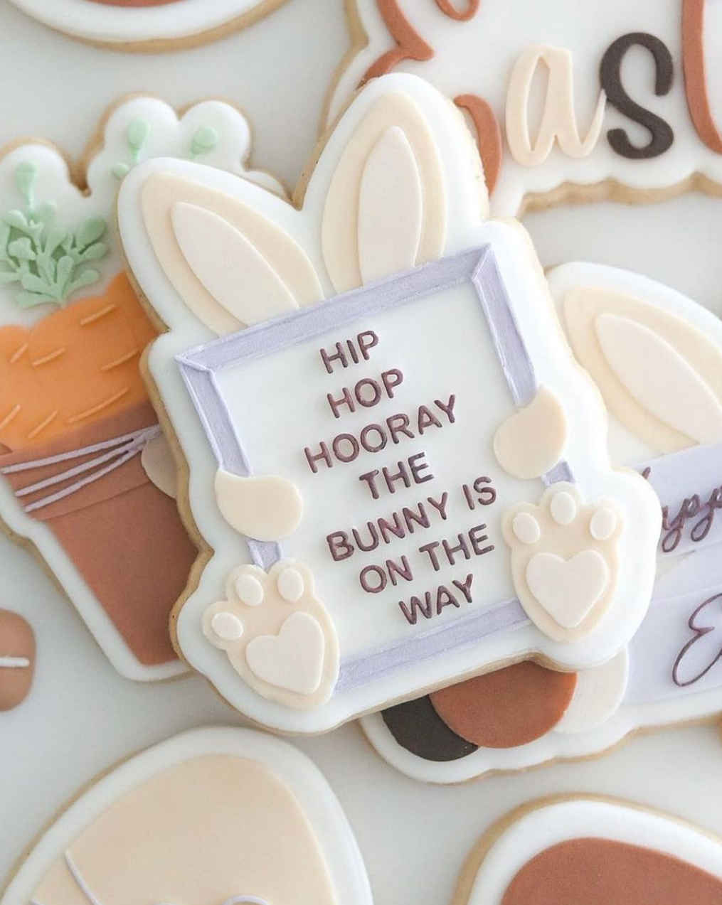 Easter bunny holding frame- HIP HIP HOORAY THE BUNNY IS ON THE WAY stamp and cutter