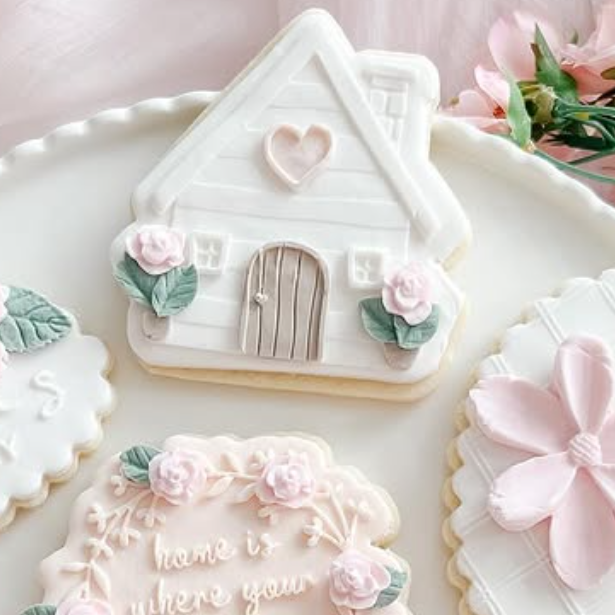 Cute A frame house with florals in pots stamp and cutter