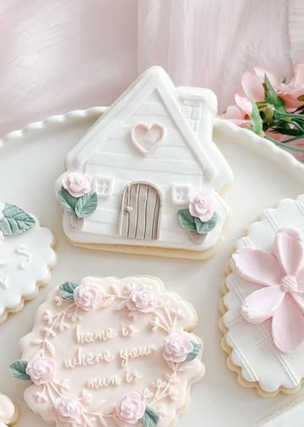 Cute A frame house with florals in pots stamp and cutter