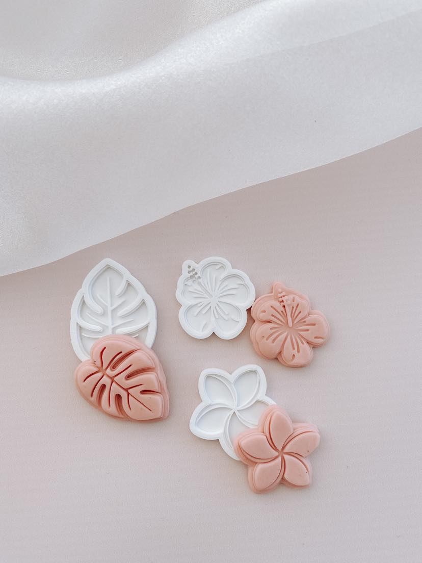 Hibiscus, monstera leaf and frangipani mini set of 3 stamps and cutters