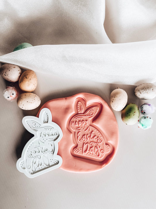 Detailed “Happy Easter Day” sweet bunny debosser and cutter