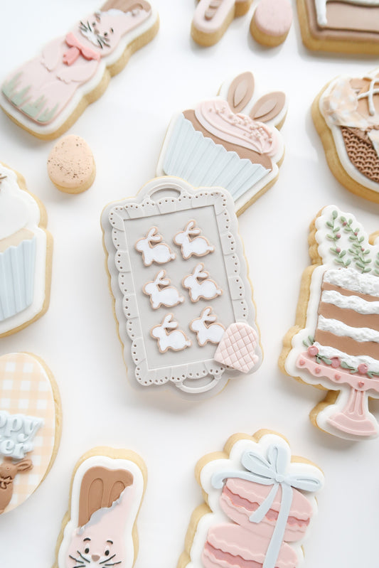 Bunny cookies on tray debosser and cutter