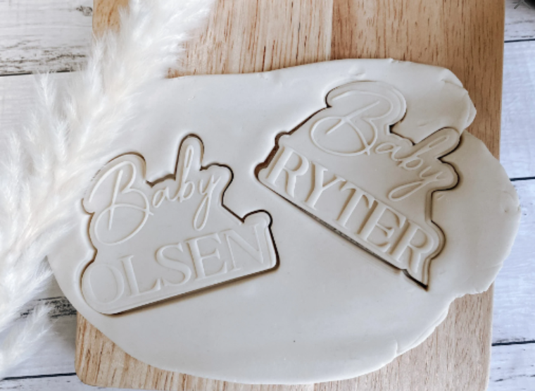 Personalised baby cookie debosser with matching cutter